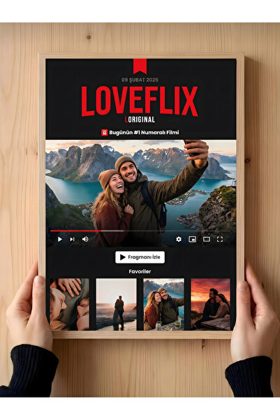 DEKORASOR Kişiye Özel Netflix Tasarımlı Loveflix Fotoğraf Kolajlı Doğal Çam Ç...