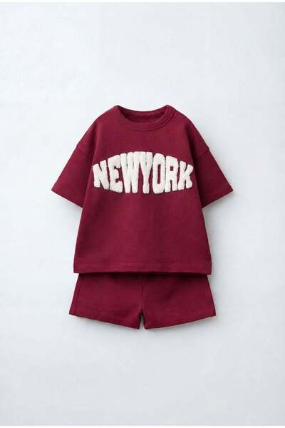 Magu Çocuk Pamuklu Bordo New York Yazı Aplikeli T-shirt Şort Takım