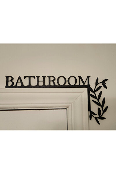 Zervano Banyo Kapı Üstü Dekoratif Yazı ve Yaprak Deseni - Siyah Modern Kapı K...