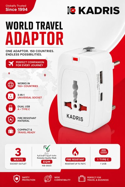 Kadris Universal Travel Adapter with USB & Type-C Fast Charging – Worldwide International Power Plug (US/UK/EU/AU) for 150+ Countries | Compact Multi-Device Charger for Phone, Laptop etc