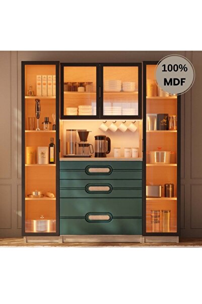 comiet Begonya Mdf Kahve Köşesi Dolabı 4kapak Çekmeceli Işıklı