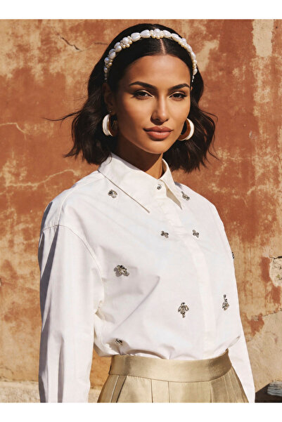 Iconic Relaxed Fit Cotton Shirt with Stone Embellishment