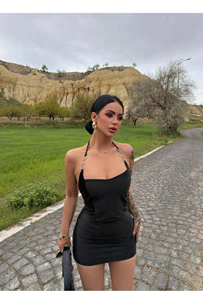 kırmızı butiks Siyah Aksesuarlı Mini Saten Elbise