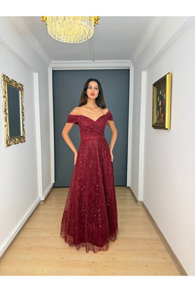gökkuşagı moda Bordo Kayık Yaka Kloş Sırtı Bağlamalı Boncuklu Uzun Abiye Elbise