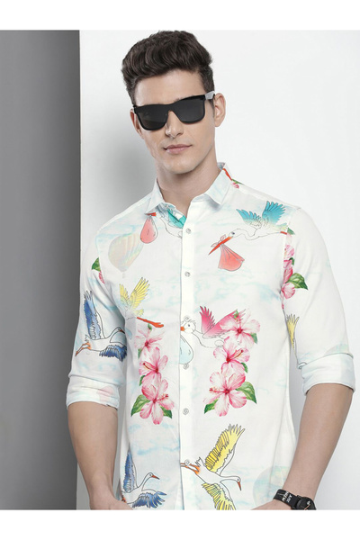 The Indian Garage Co By Styli Men White Slim Fit Floral Print Shirt