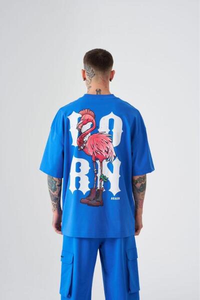 Machinist Tricou oversize cu imprimeu Crazy Flamingo pentru bărbați, albastru...