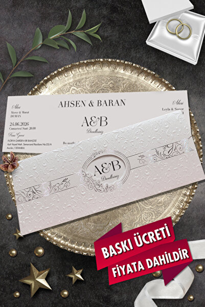 Cem Davetiye Düğün Nişan Nikah Kına Davetiyesi 3372 (100 ADET) Baskı Dahil