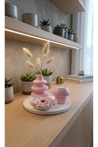 MERCANN Pembe Dekor Seti – Mumluk, Mini Vazo, Çiçek ve Tepsi | Minimal Ev Süs...