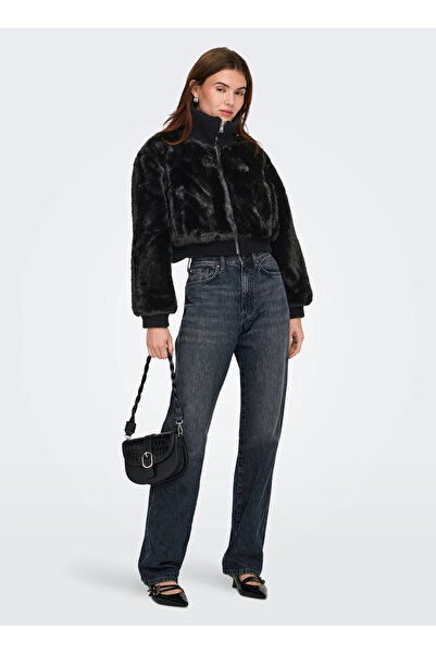 ONLY Siyah Kadın Dik Normal Nakışlı Mont ONLWICKI LIFE FUR RIB JACKET CC OTW