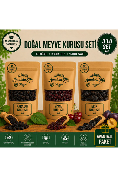 Anadolu Şifa Harput Kara dut-Vişne kurusu-Erik kurusu 3x100gr Doğal ve katkısız