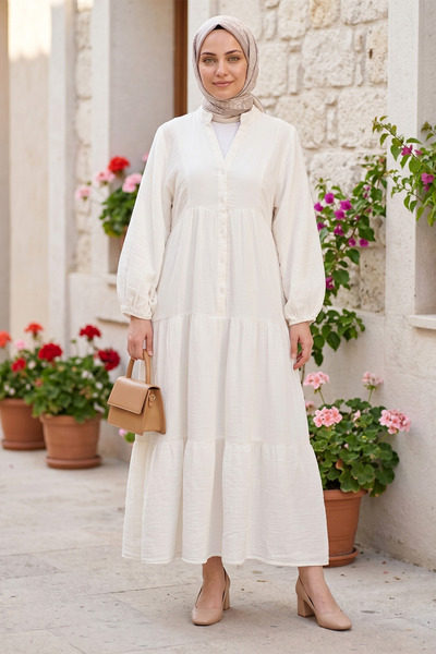 FERHEL Women's Half Button Sleeve Elastic Paneled Muslin Fabric Dress - White