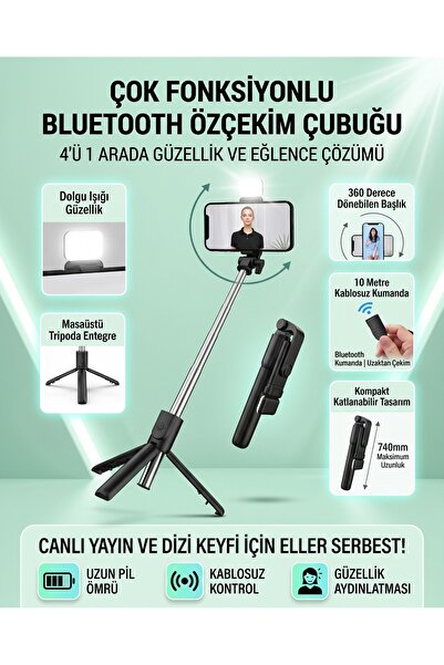 MATECHNO LED Işıklı Bluetooth Selfie Çubuğu & Tripod – 360° Döner Başlık, Uza...