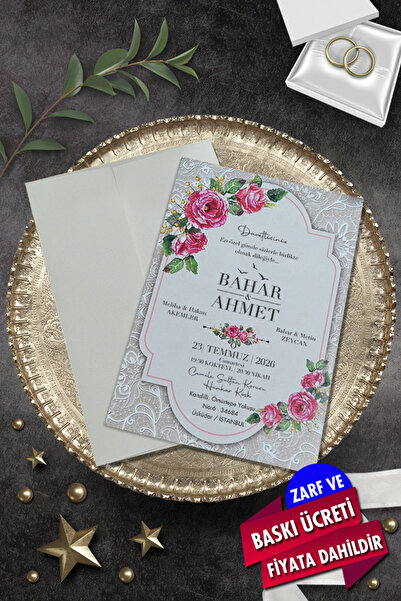 Cem Davetiye Düğün Nişan Nikah Kına Davetiyesi 3412 (100 ADET) Baskı Dahil