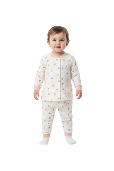 Turuncu Kalp Baskılı Çıtçıtlı Pijama Takımı