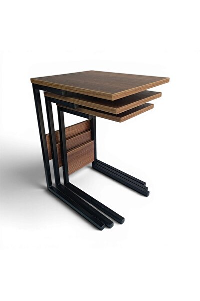 VEYSEL WOODWORKİNG Metal Ayaklı 3'lü Zigon Sehpa Orta Sehpa - Ceviz