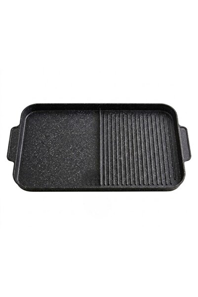 DAMMERUN 50x30 cm Granit Döküm İki Bölmeli Grill Tava | Yapışmaz Düz ve Izgar...
