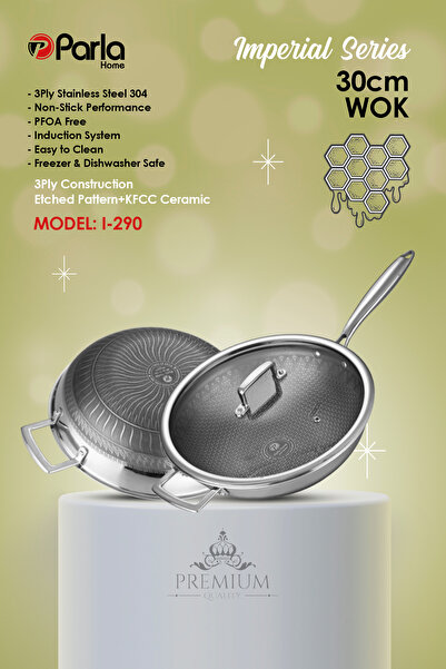 parlahome Imperial Series 30Cm Wok I-290, 3Ply Stainless Steel 304, Full Non-stick, Etched Pattern+KFCC Ceramic coating, Induction based, PFOA-Free.