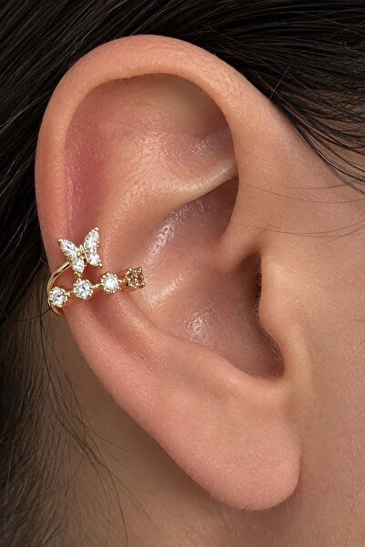 TAKIŞTIR Altın Renk Kelebek Figürlü Taş Detaylı Ear Cuff (Tek)