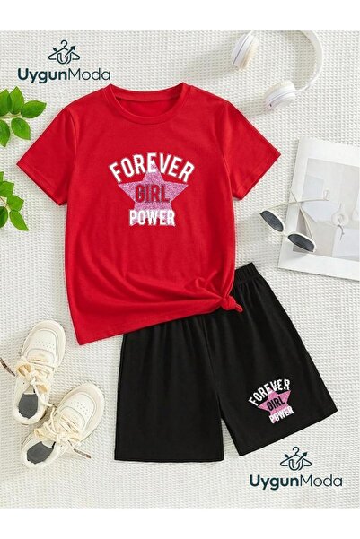 UygunModa Play Girl Star Printed T-Shirt Shorts Summer Children's Set