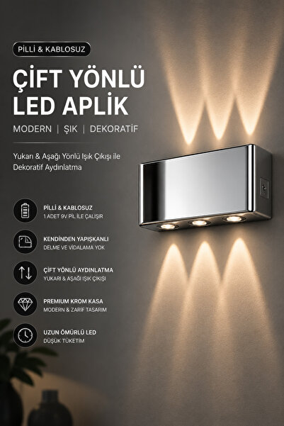 luxshome Kablosuz Pilli Krom LED Aplik Çift Yönlü Kendinden Yapışkanlı Modern...