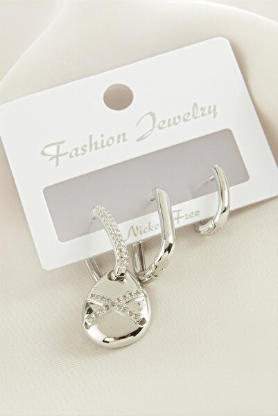 ZERO LAND Ilkeshop 3 Pcs Drop Zircon Stone (224819) Earrings-Silver Color