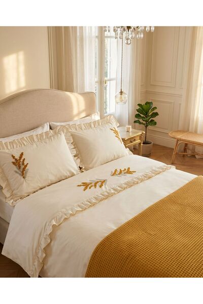 İK TEKSTİL Trigo Mustard Flower Embroidered Cotton Duvet Cover Set 7 Piece Mo...