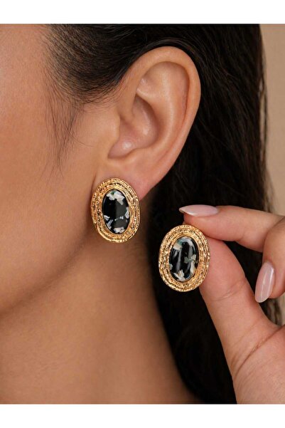 mz mazalinda Women's Vintage Oval Stone Detailed Gold Earrings Stylish Retro ...
