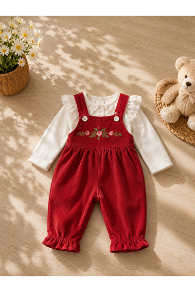 ÇAKAR BEBE Kız Bebek Çiçek Nakışlı Salopet 2’li Takım 6 9 12 18 Ay Bayramlık
