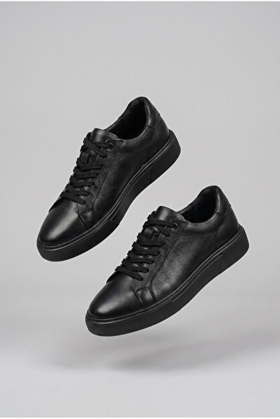 VOO SHOES %100 Dana Derisi Boy Uzatan Tam Siyah Sneaker | +7 cm Gizli Taban