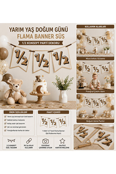 TATLI GÜNLER Yarım Yaş Doğum Günü Flama Banner Süs 1/2 Konsept Parti Dekoru 6...
