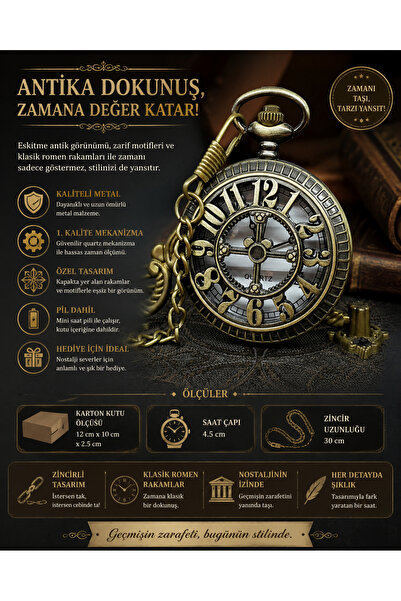 teknohediye Antika Görünümlü Metal Köstekli Cep Saati Zincirli Nostaljik Quar...