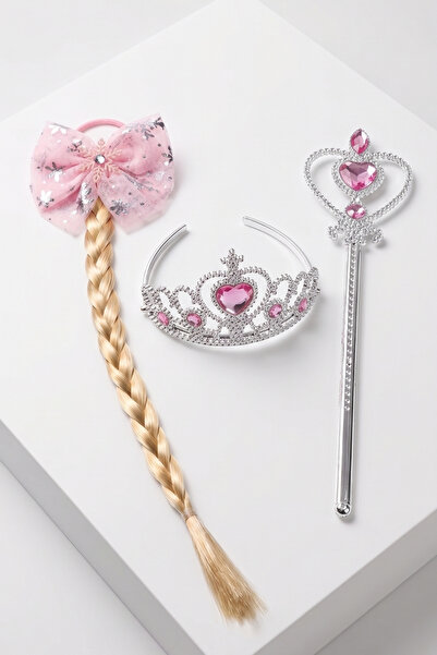 Le Mabelle Pembe Elsa Model Saçlı Lastili Tokalı Taçlı Asa Set