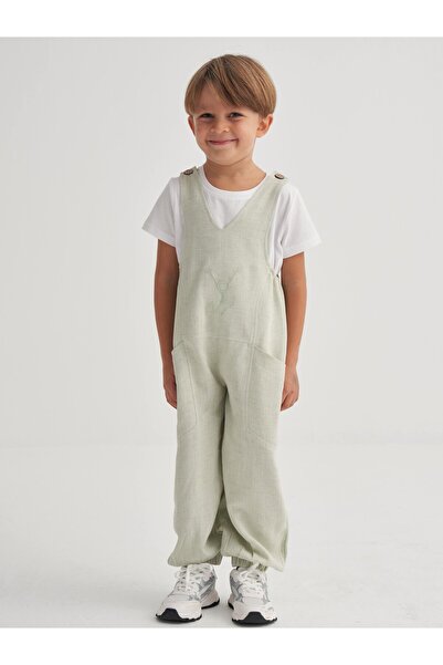 Cigit Linen V-Neck Children's Embroidered Jumpsuit 2-7 Years Mint Green