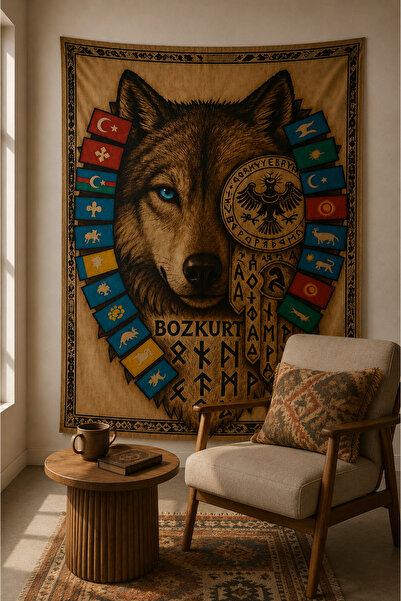 LUNA DİZAYN Bozkurt Türk, Türkçü Bayrak Temalı Duvar Örtüsü Wall Tapestry Uv ...