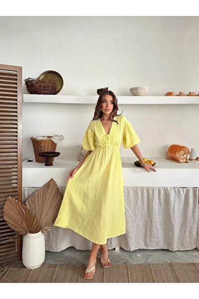 MareandCo V Yaka Belden Lastik Detaylı Kisa Kol Muslin Midi Elbise