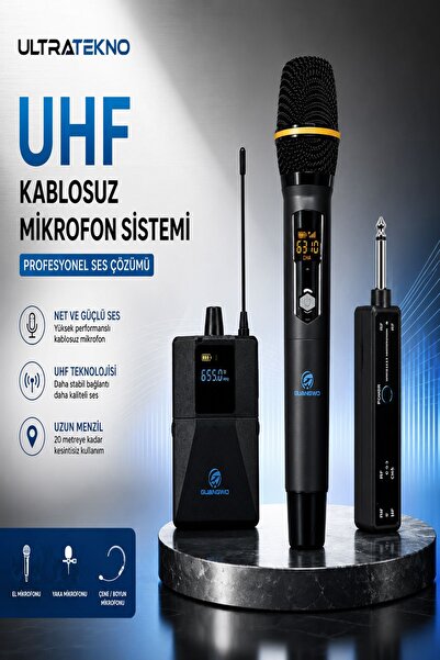ULTRATEKNO UHF Kablosuz Mikrofon Seti El Yaka ve Boyun Mikrofonlu 6.5 mm Alıcılı 3.5 mm Çeviricili Profesyonel Mikrofon Sistemi