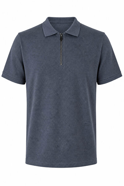 trender Likralı Petek Yakalı Yarım Fermuarlı Petrol Erkek Polo Yaka T-shirt 2938