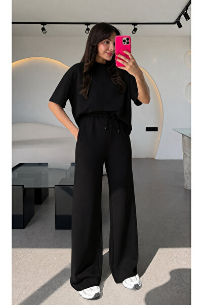 moda paketi Set negru cu mânecă scurtă, decolteu tip crew, croială relaxată/c...