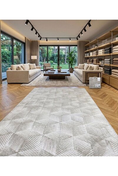 Dinarsu Yıkanabilir Kaymaz Taban Gümüş Gri Geometrik Modern halı