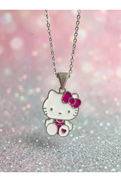 Velcari Women's Steel Chain Pink and White Enamel Cute Cat Figured Necklace