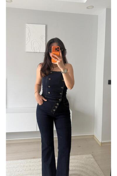 Yaren Aydın Kadın Düğme Detaylı Straplez Denim Tulum