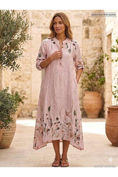 AYASOFYA OTANTIK Kadın İtalyan Pembe Düğmeli Patlı Yakalı Kır Çiçekleri Desen...
