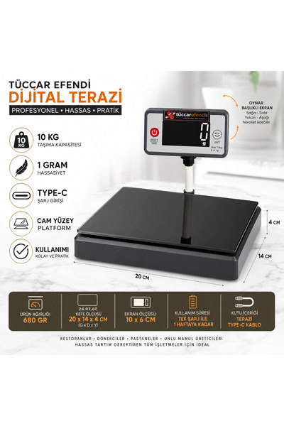 Tüccarefendi 10 Kg Hassas Dijital Mutfak Terazisi Cam Platform Tartı