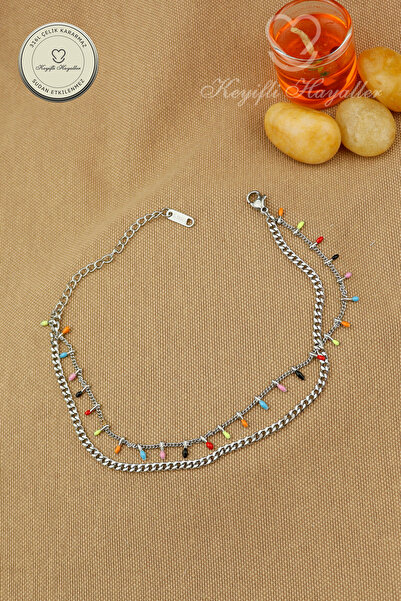 Keyifli Hayaller 316L Çelik Halhal - 2li Kombin Renkli Çubuklu Zincir 316L Çelik Halhal 20+5cm
