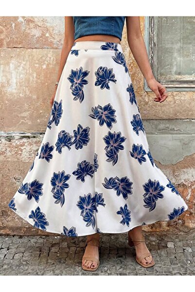 Iuliashop Doris Long White Skirt with Blue Floral Print - M