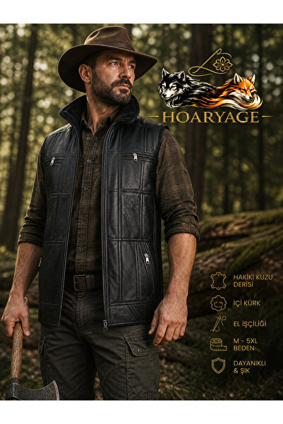hoaryage Erkek PatchWork İçi Kürk – Dışı Hakiki Deri Koyun Yünü Yakalı Biye v...