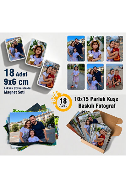 CraftNeova Kişiye Özel 18 Adet Buzdolabı Magneti ve 18 Adet 10x15 Fotoğraf Ba...