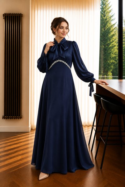 SADEL Bağcıklı Yaka ve Kol Detaylı Modern Eteği Krep Elbise - Laci