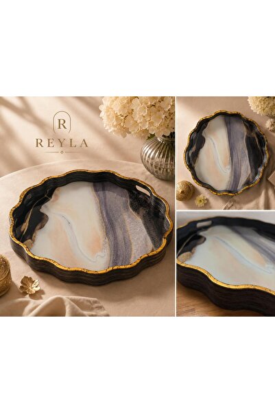 R-EYLA R’EYLA Aurelis Dekoratif Tepsi 38 CM | Siyah Gold Mermer Desenli Luxur...