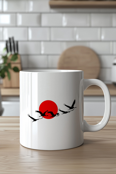 Mio Life 330ml Printed White Ceramic Mug with Crane Figure with Nature and Ze...